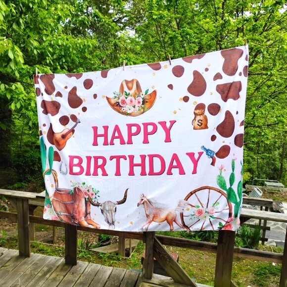 Rustic Happy Birthday Backdrop Banner Western Cowgirl Horses Farmhouse  60"X80" - Picture 1 of 4